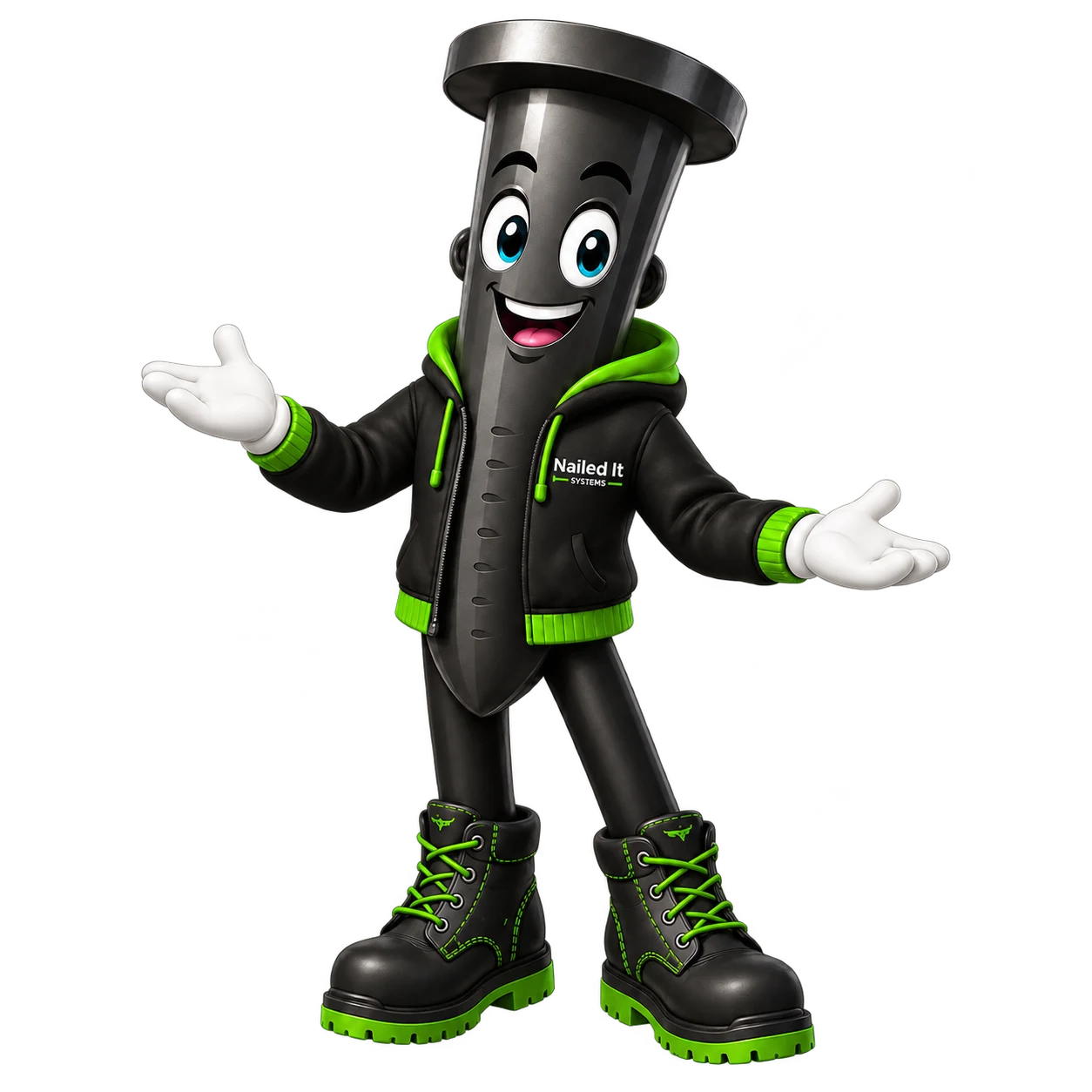 Nailed It Systems mascot welcoming you with open arms